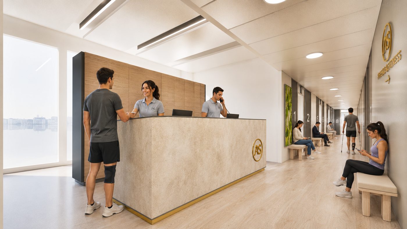 Empfangsbereich von AS Physio: Team am Tresen, Wartebereich mit Behandlungsräumen