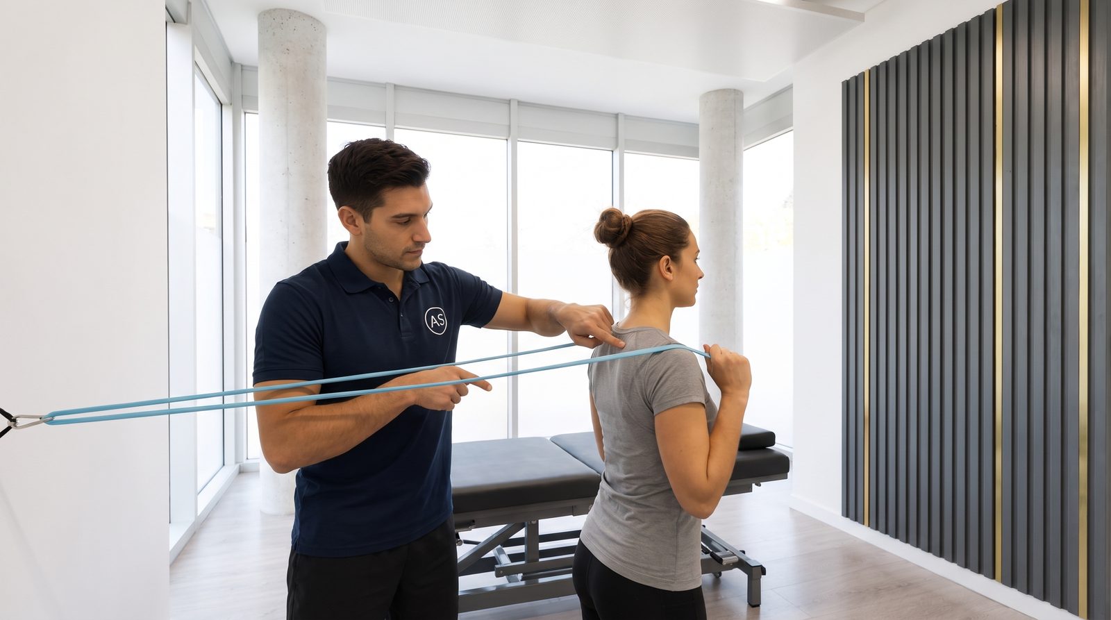 Aktive Kräftigungsübung mit Theraband unter Anleitung eines Therapeuten von AS Physio Nürnberg