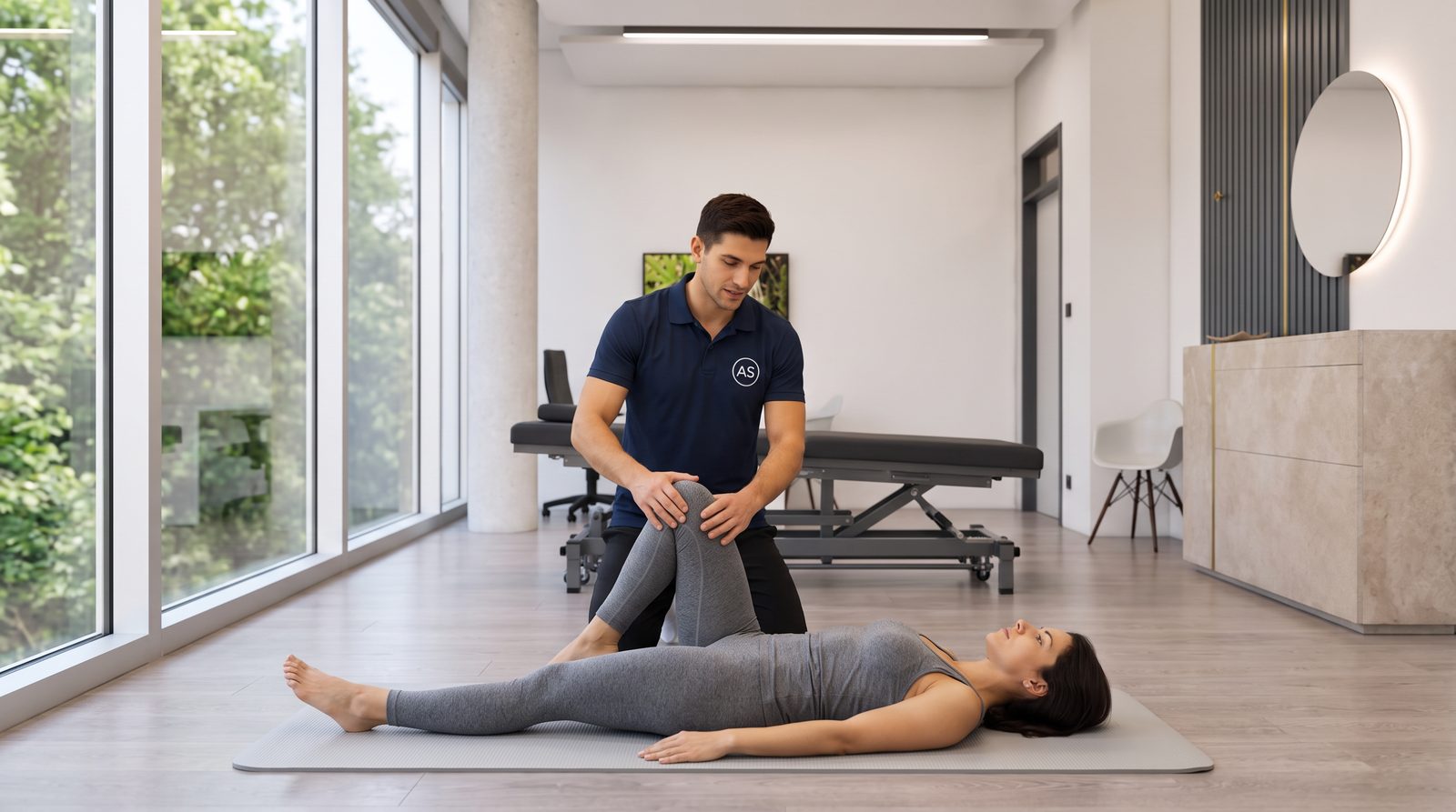 Physiotherapeut von AS Physio Nürnberg führt bei einer Patientin eine Mobilisation des Knies als Bewegungstherapie durch