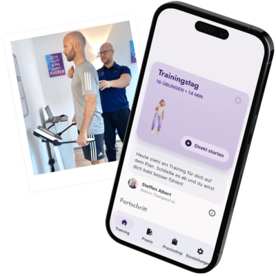 Smartphone mit der Trainings-App von AS Physio: Trainingstag mit 16 Übungen und Videoanleitung